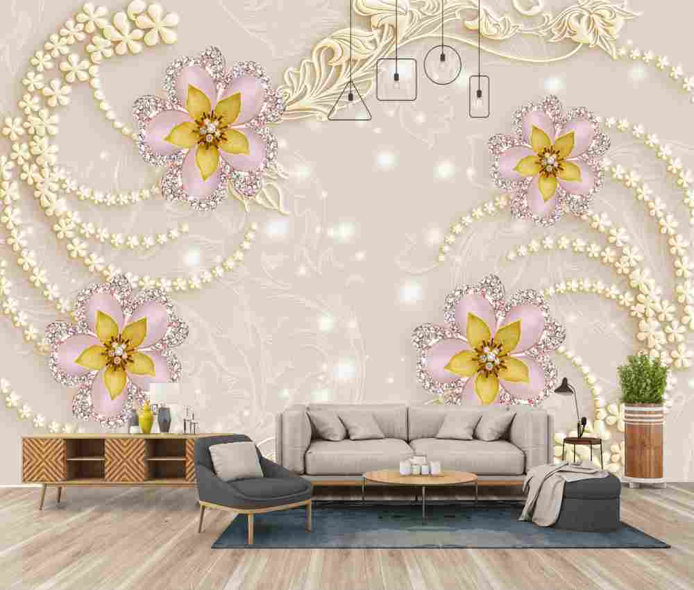 3D Jewelry Floral Heart Wall Mural Wallpaper For Living Room