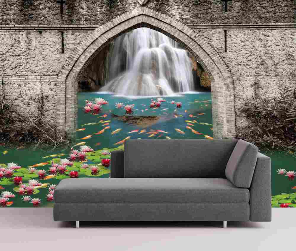 Brick Walls Gate With Beautiful Lily Flowers Waterfall